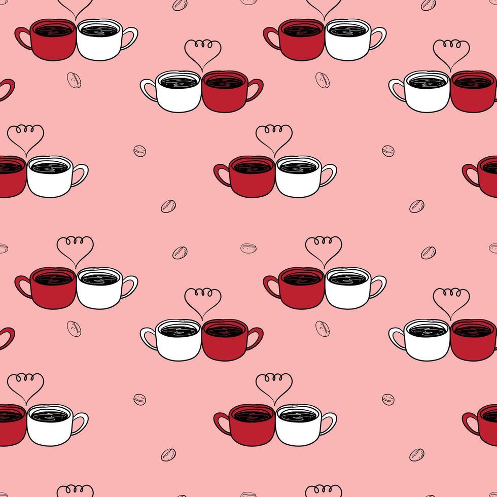 Hand-Drawn coffee date and love themed seamless pattern, grunge, artistic, doodle, trendy style design vector