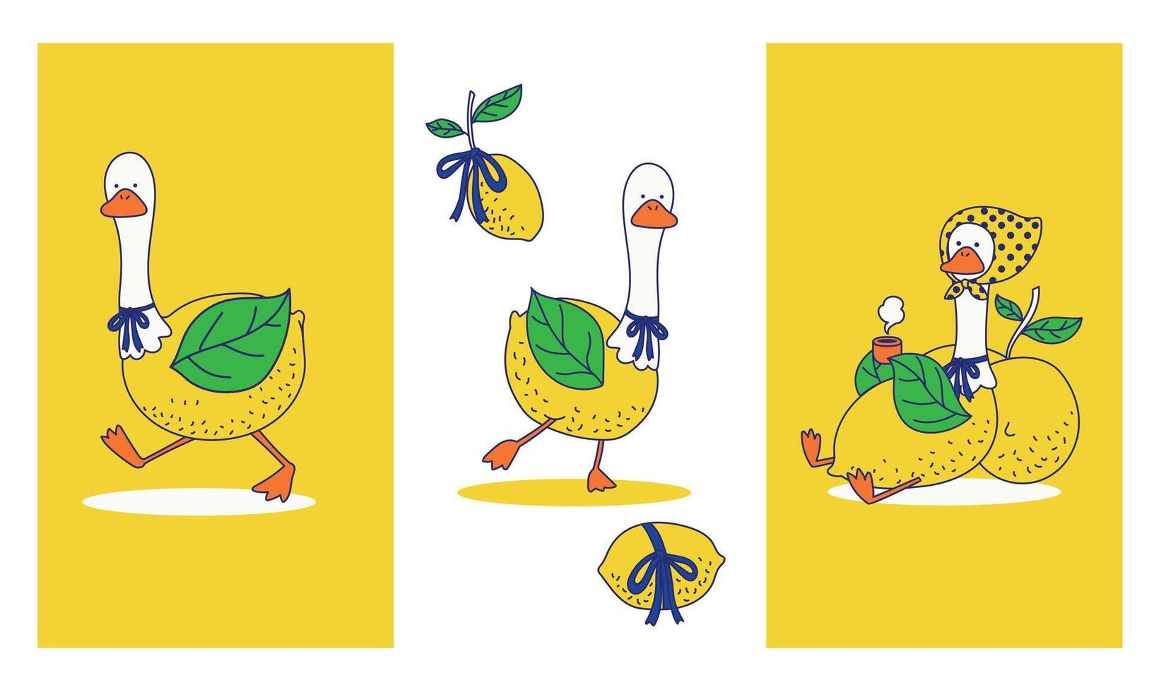Whimsical cute silly goose and lemon cartoon character Illustration set vector