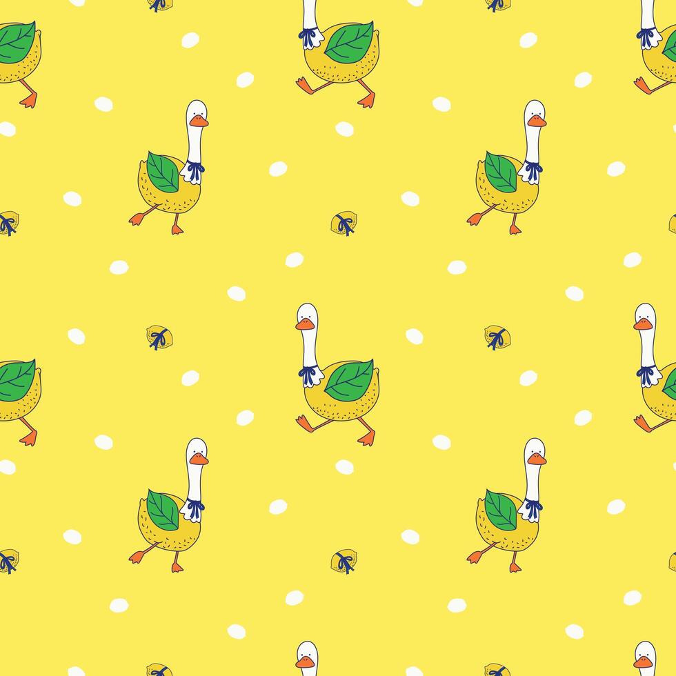 Seamless pattern silly goose cartoon and lemon with blue ribbon bow coquette illustration vector