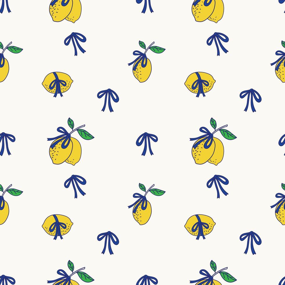 Seamless pattern lemon and blue ribbon bow coquette illustration vector