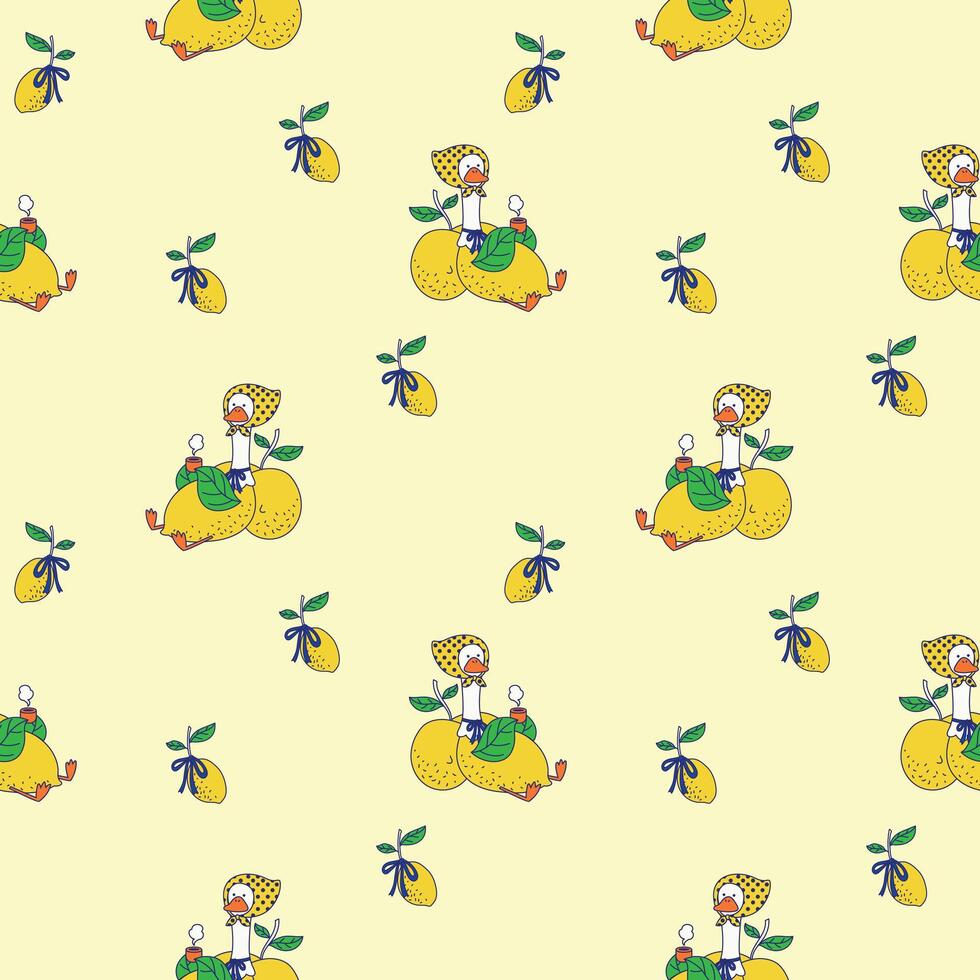 Seamless pattern silly goose cartoon relax and lemon with blue ribbon bow coquette illustration vector