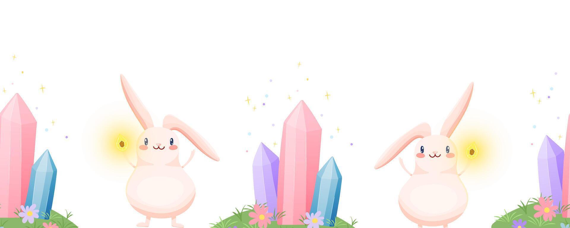 Seamless border with pink hares, glowing elements and crystals vector