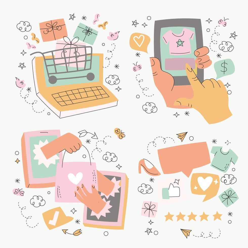 E-commerce illustration showing online shopping vector