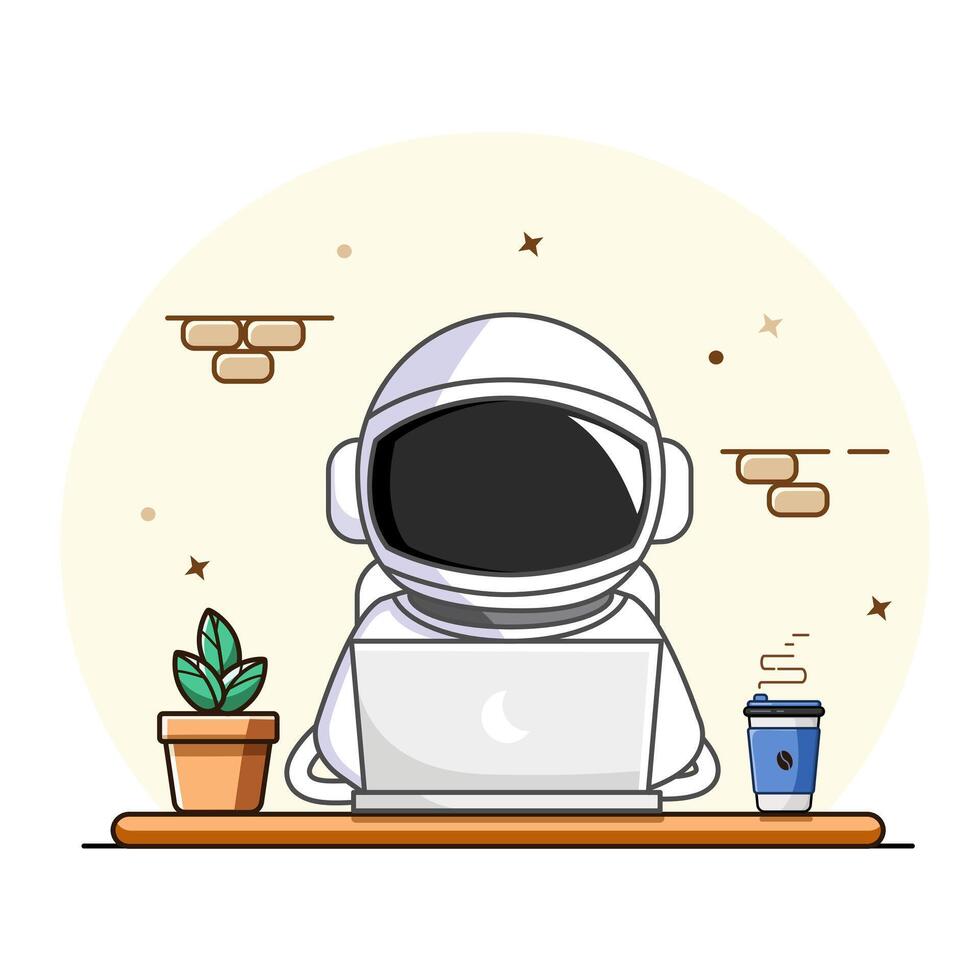 Cute Astronaut Working From Home on Laptop with Coffee and Plant Vectors Illustration Flat Design