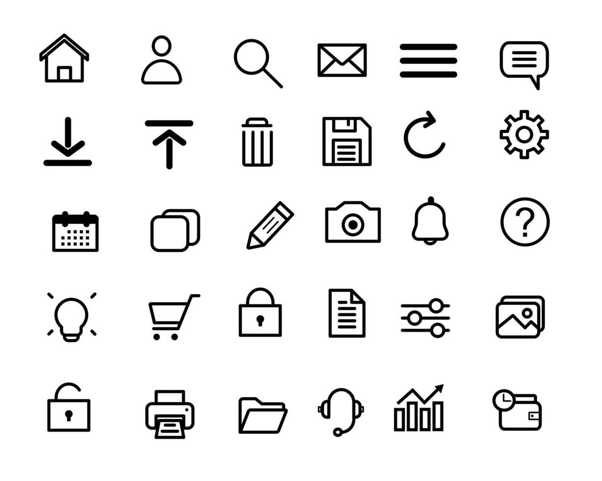 Icon Set Navigation, Communication, and Utility Symbols, User Interface Web Line Art Outline Style vector