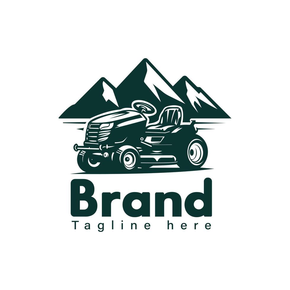 Tractor mower logo with mountain, ideal for lawn care business. vector