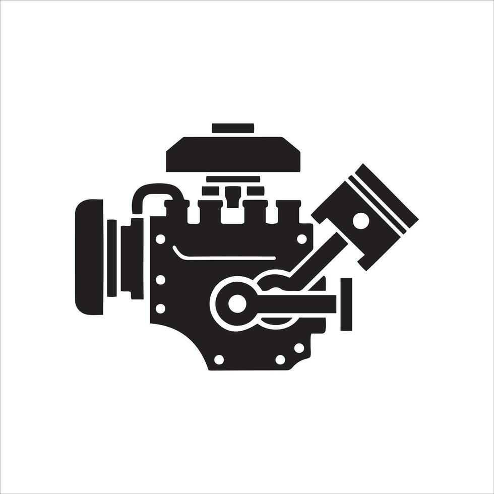 Stylized black silhouette of a mechanical engine with piston and crankshaft vector