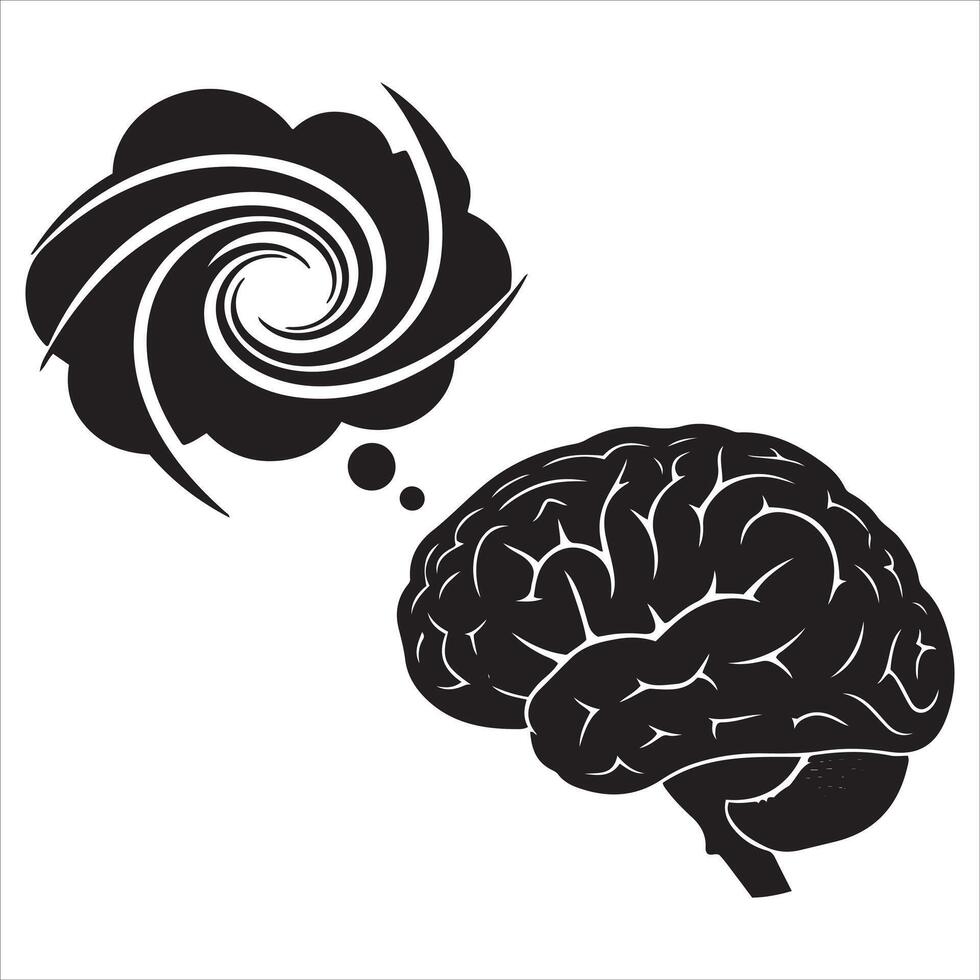 Black silhouette of a human brain with a swirling thought bubble vector