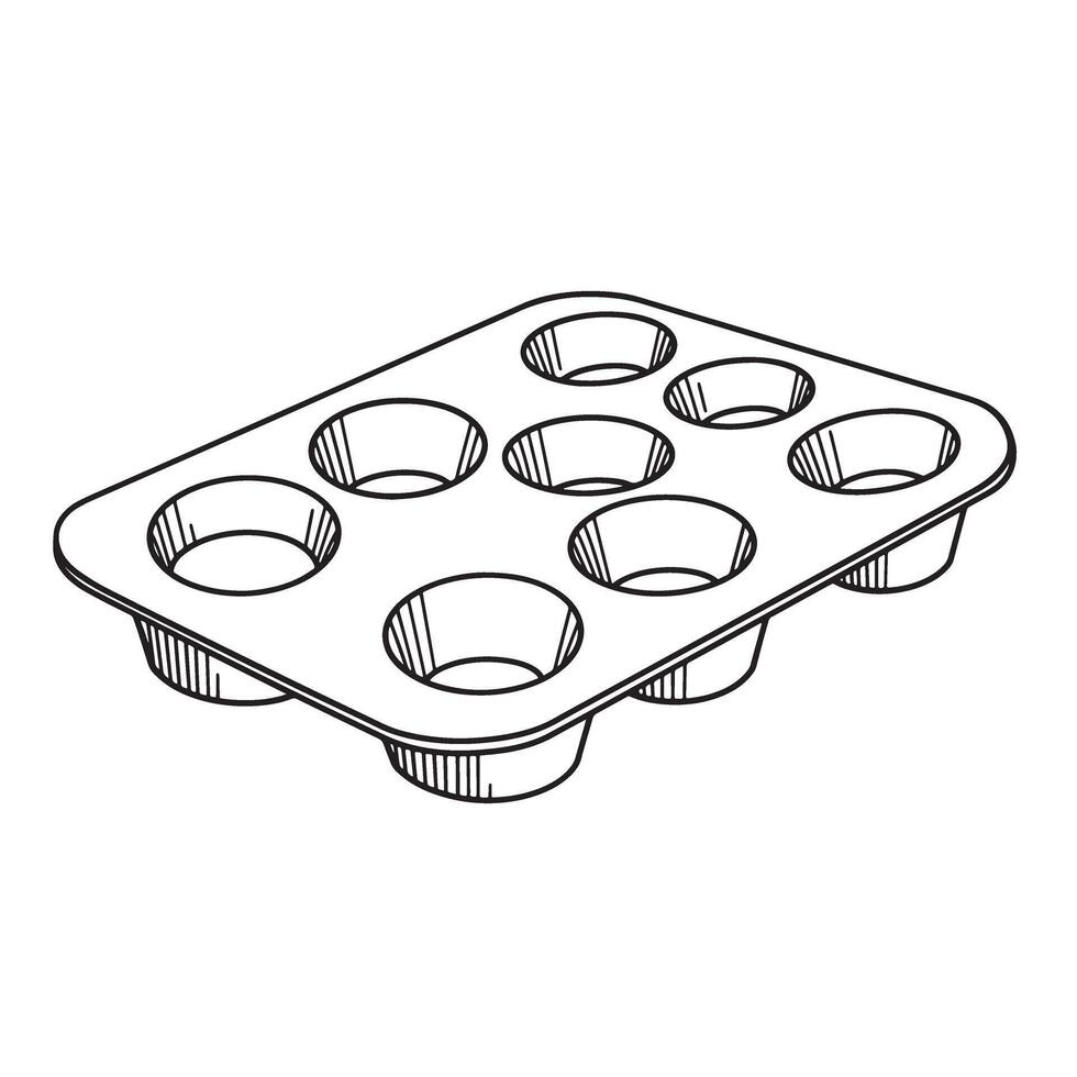 Baking tray with multiple circular indentations muffin tin cupcake pan vector