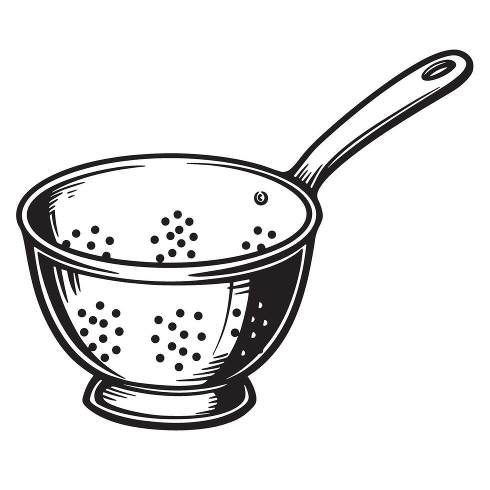 Metal kitchen strainer with handle and perforations kitchenware colander vector