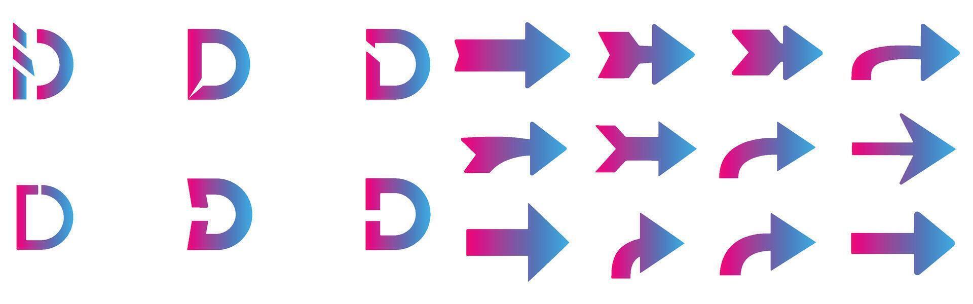 Modern gradient letter d logo variations and abstract arrow icons set on white background vector