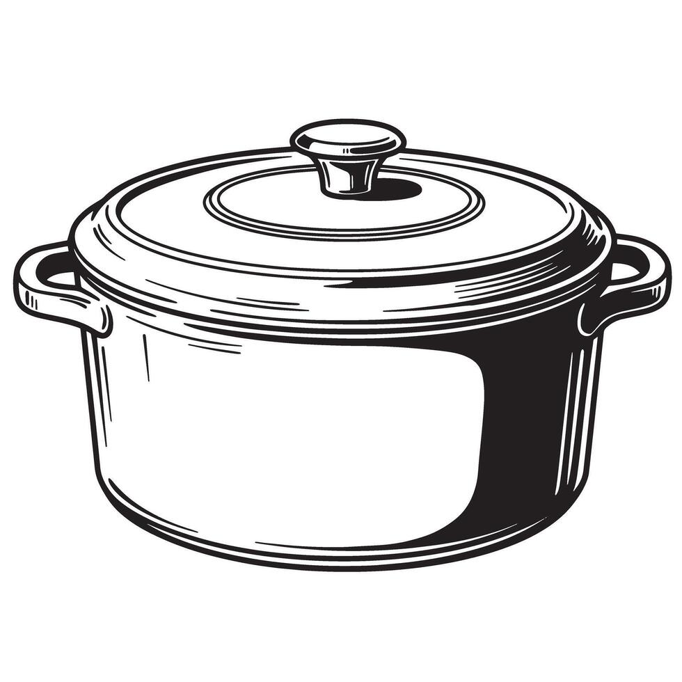 Black and white illustration of a cooking pot with a lid and handles kitchenware cookware vector