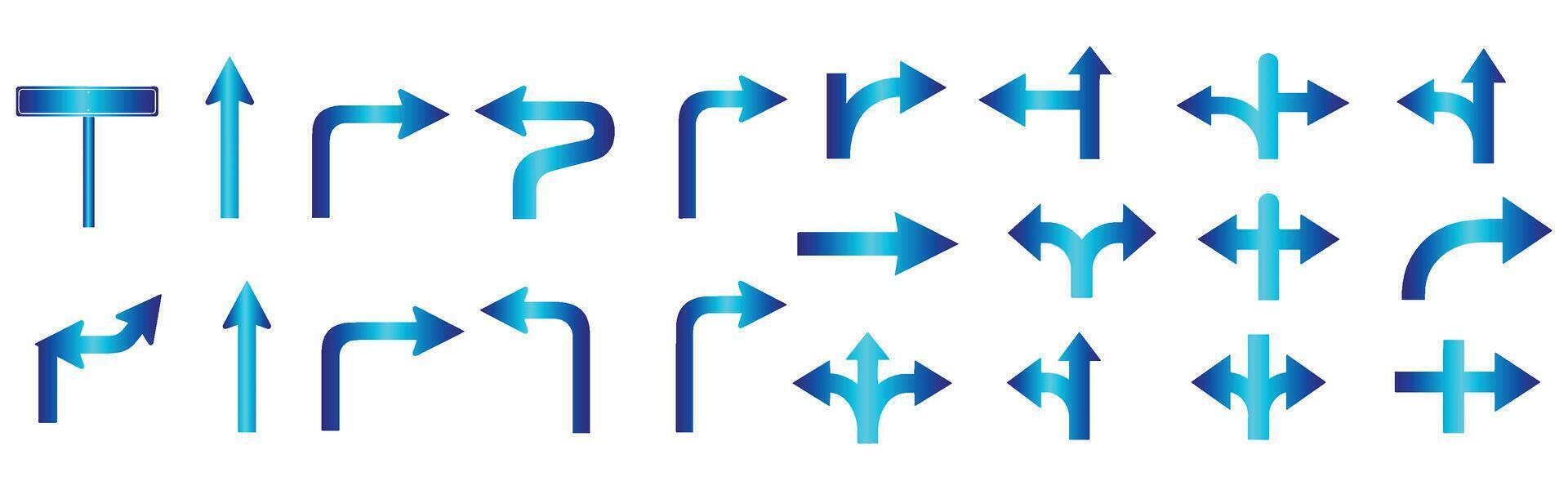 Collection of blue gradient arrows and road signs for navigation and directional guidance vector