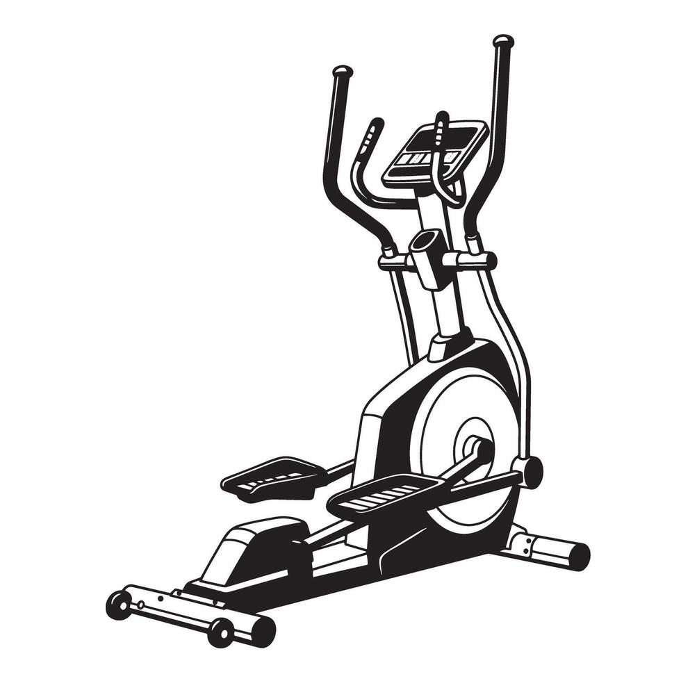 Black and white illustration of an elliptical trainer exercise equipment for fitness and health vector