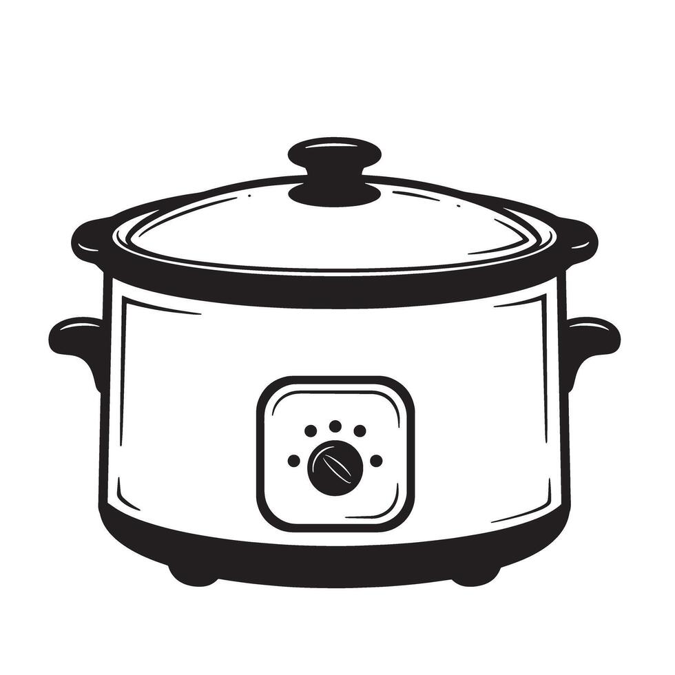 Black and white illustration of a slow cooker kitchen appliance cooking vector