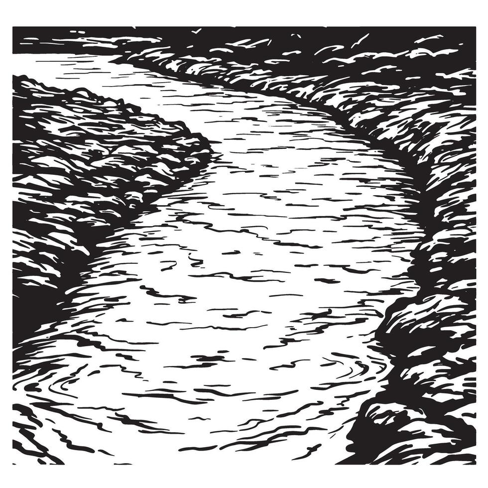Ink illustration of a flowing river through rocky banks in a black and white style vector