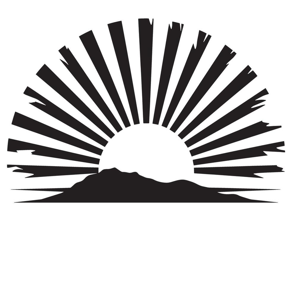 illustration of a stylized sunset above mountains with radiating sunbeams silhouette. vector