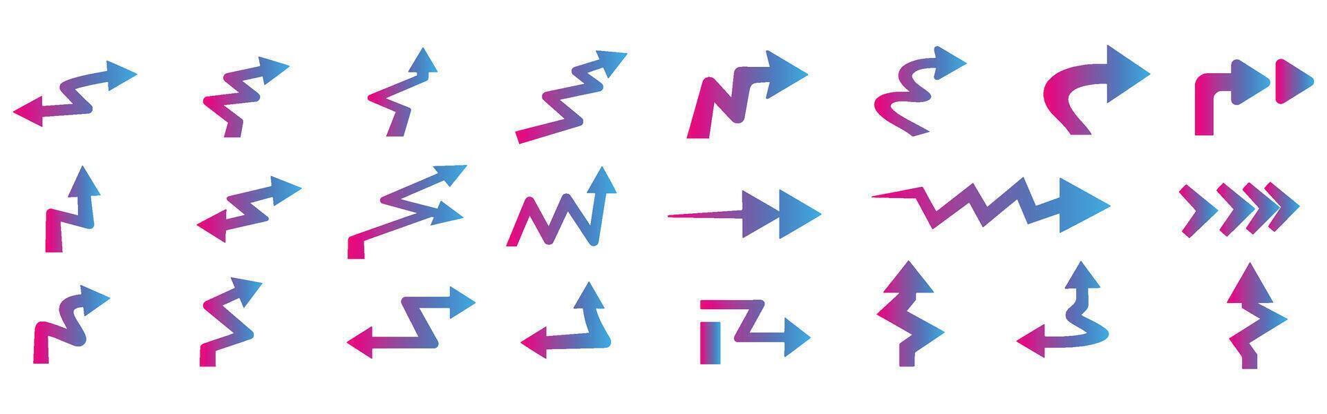 Collection of gradient arrow icons in various styles for design and directional concepts vector