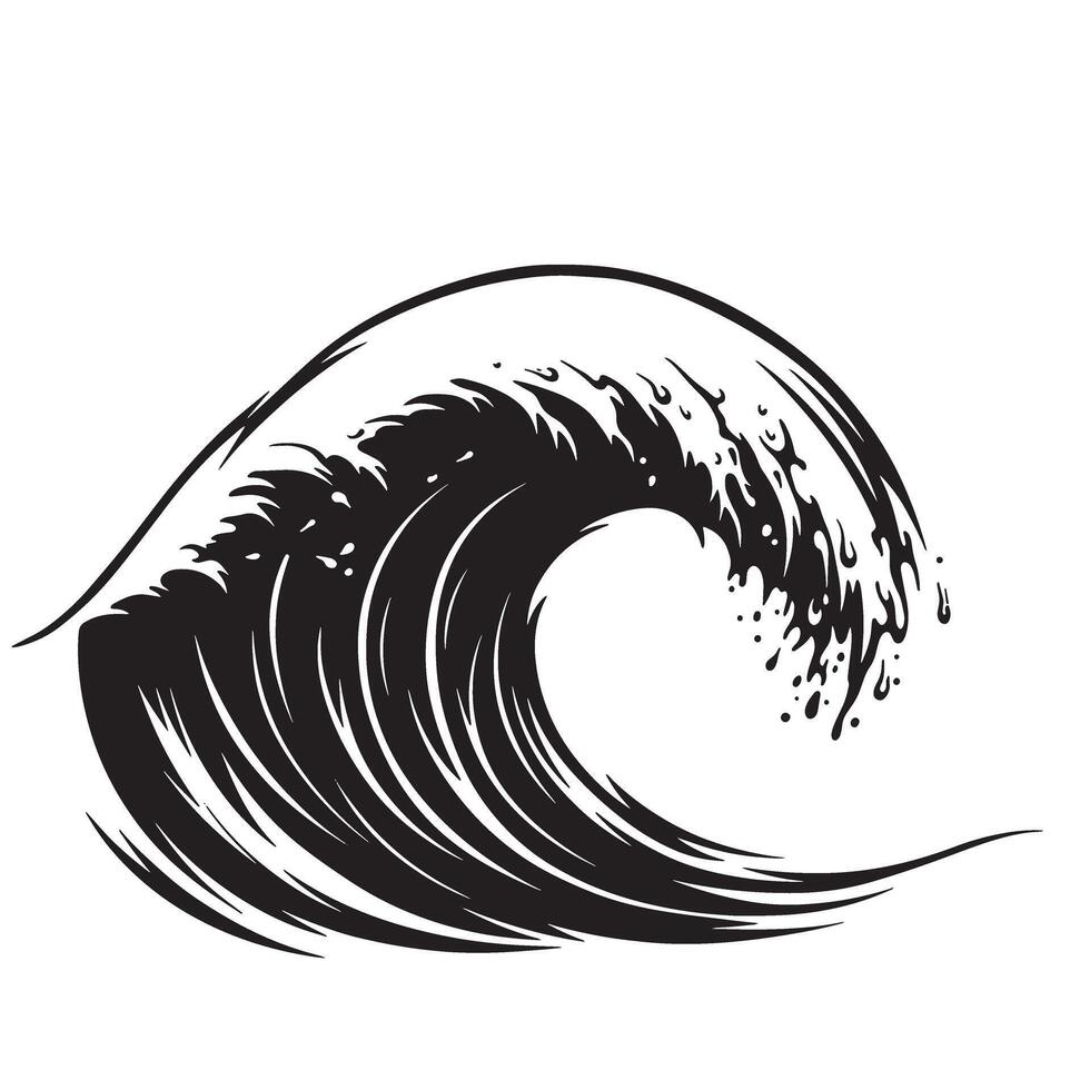 Black and white illustration of a powerful ocean wave breaking against a white background vector