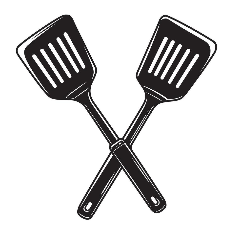 Crossed black spatulas with slotted heads kitchen utensils cooking tools vector
