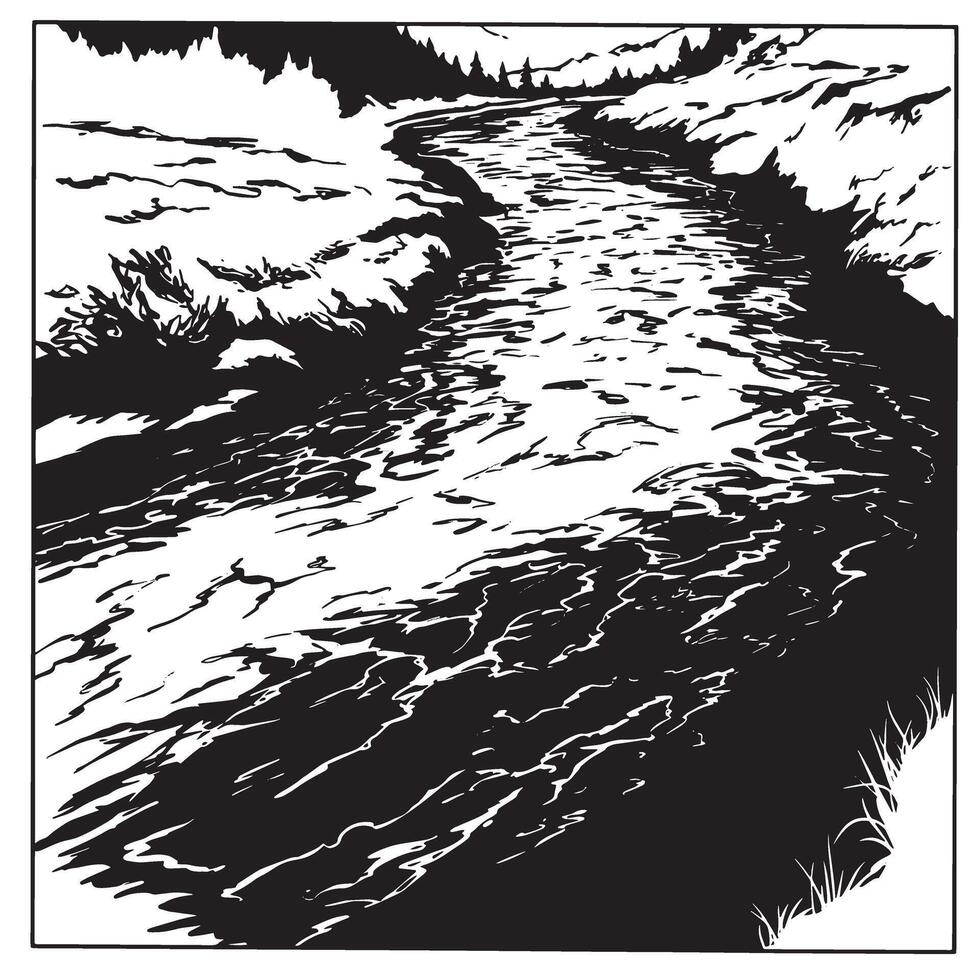 Black and white illustration of a river flowing through a forest scene vector