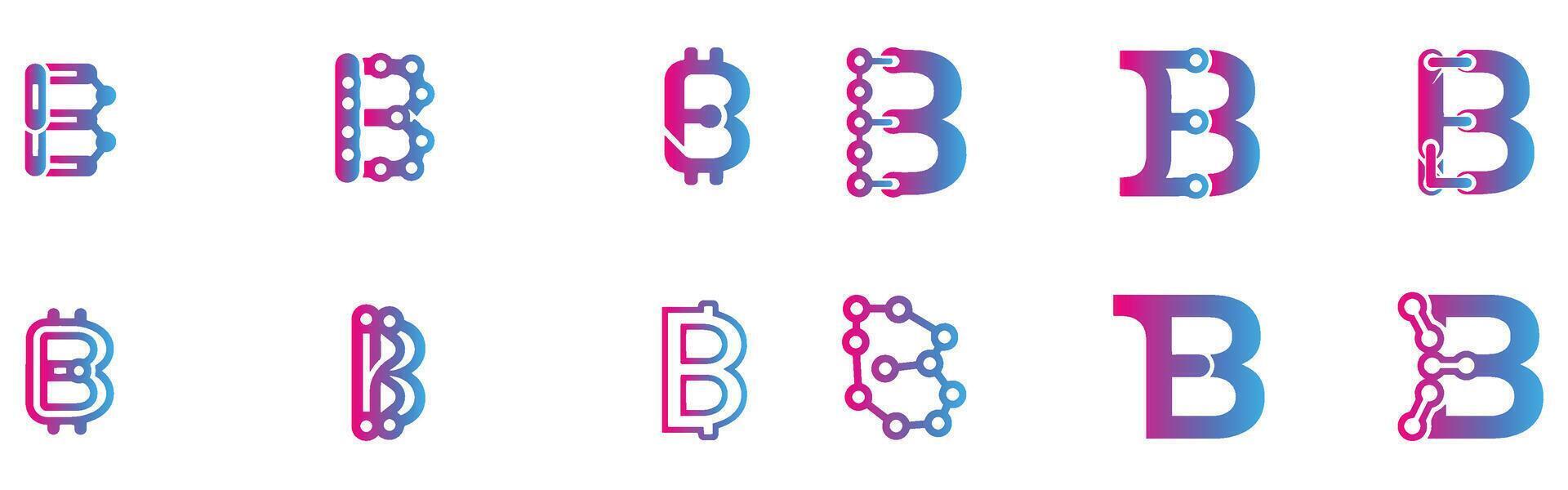 Various modern b letter designs displaying technological network and digital concepts vector