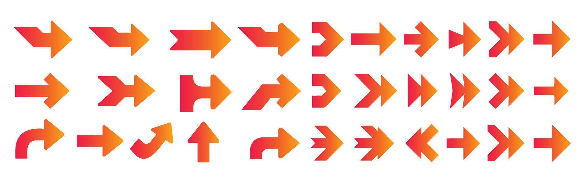 Collection of orange gradient arrows pointing in various directions for design and ui elements vector