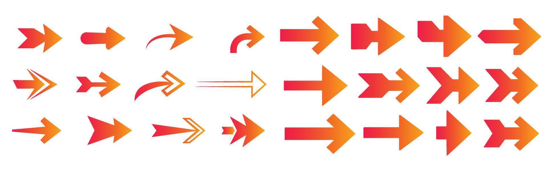 Collection of various vibrant orange and red arrow icons in different geometric styles vector