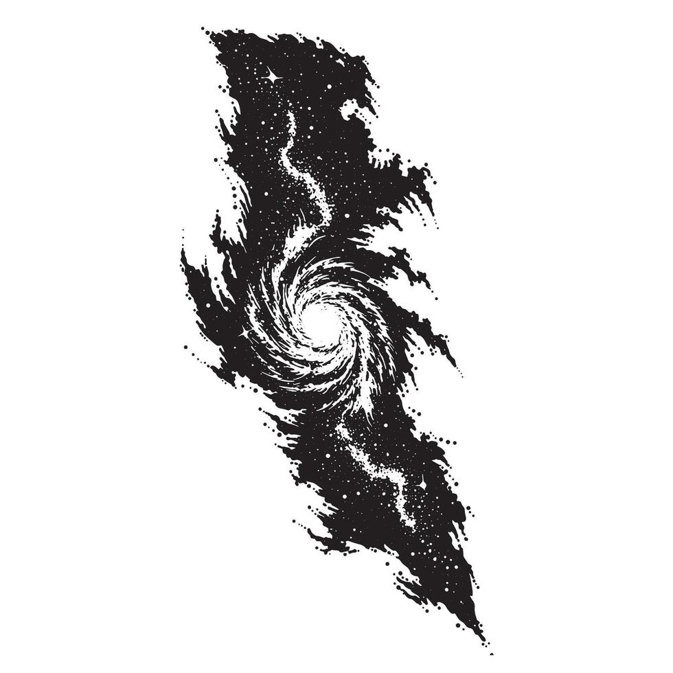 Black and white artistic illustration of a swirling galaxy and cosmic celestial space design vector