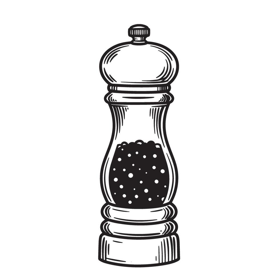 Black and white illustration of a vintage pepper mill filled with peppercorns grinder seasoning vector