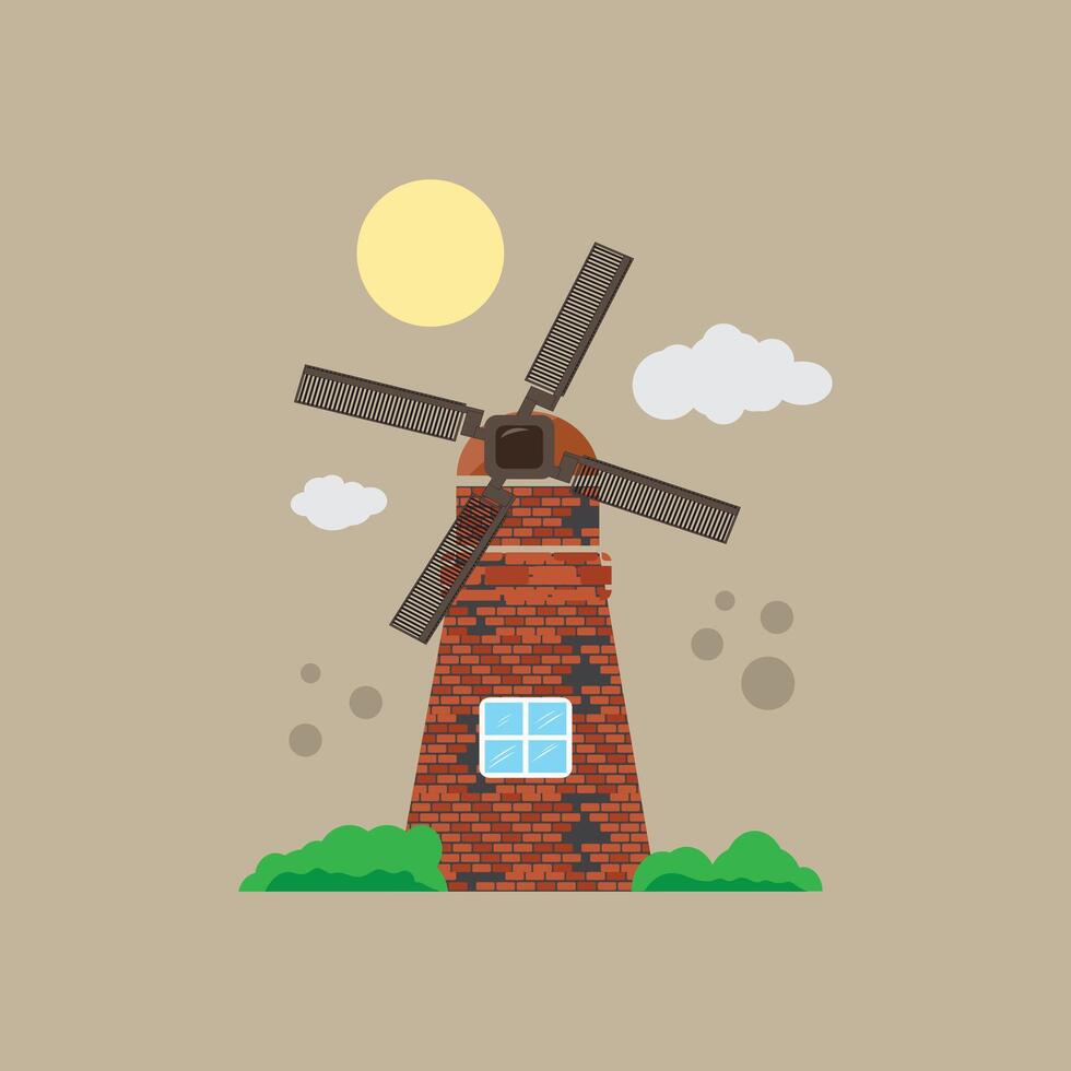 Windmill illustration with cloud and grass vector