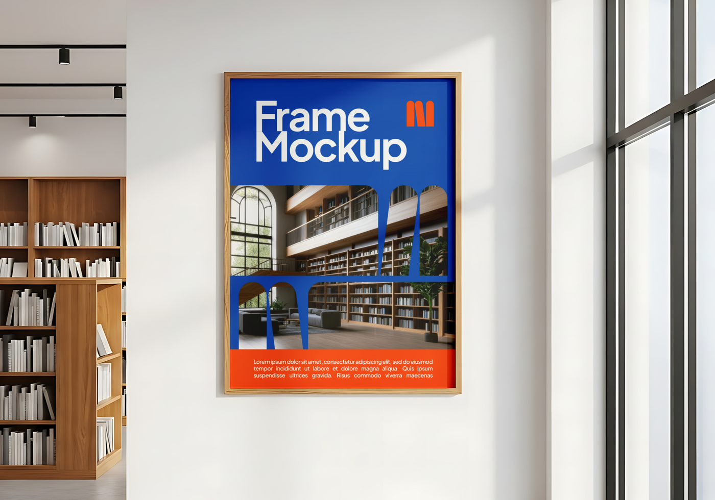 Frame Mockup Interior Poster Display in Modern Library Setting psd