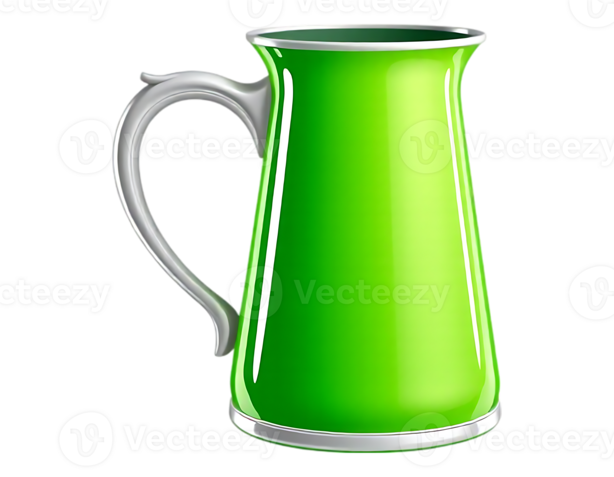 Green ceramic pitcher with silver handle and trim, isolated on transparent background png