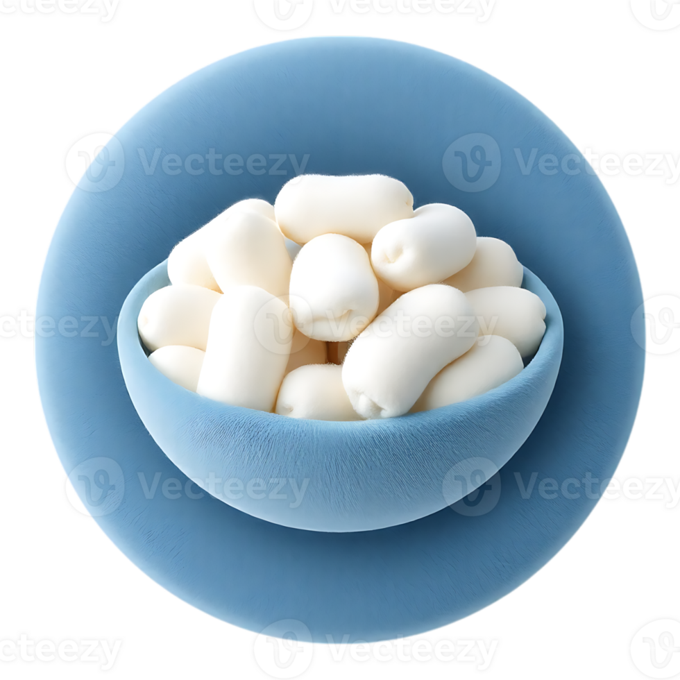 Close-up of a blue bowl filled with white candies on a blue surface png