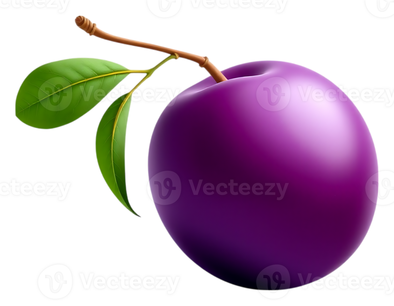 Vibrant Purple Plum with Green Leaves on Branch png