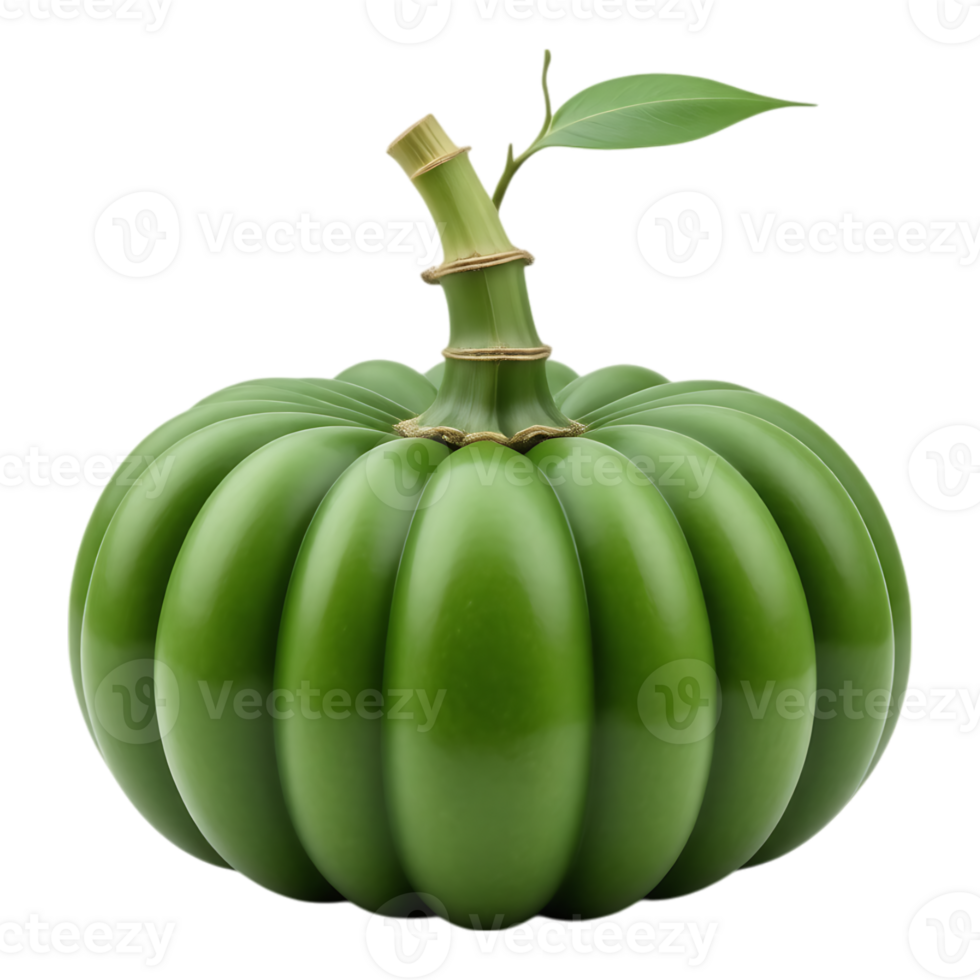 Green pumpkin with stem and leaf, 3D rendered on transparent background png
