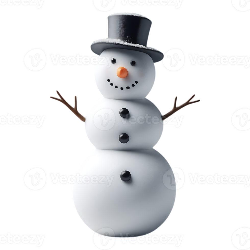 Smiling snowman with a black hat and twig arms png