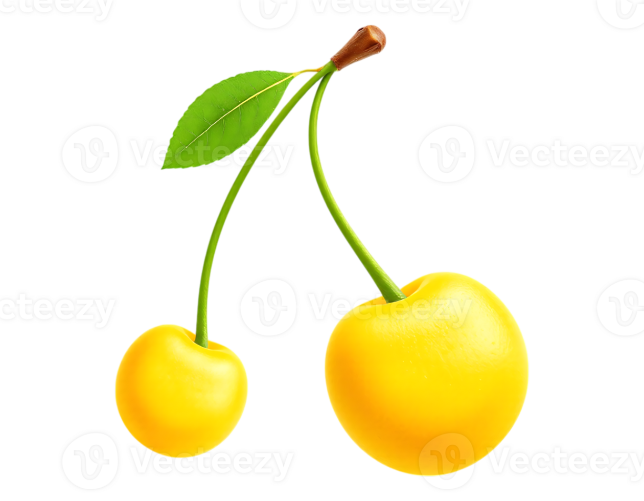 Two Yellow Cherries with Stem and Leaf png