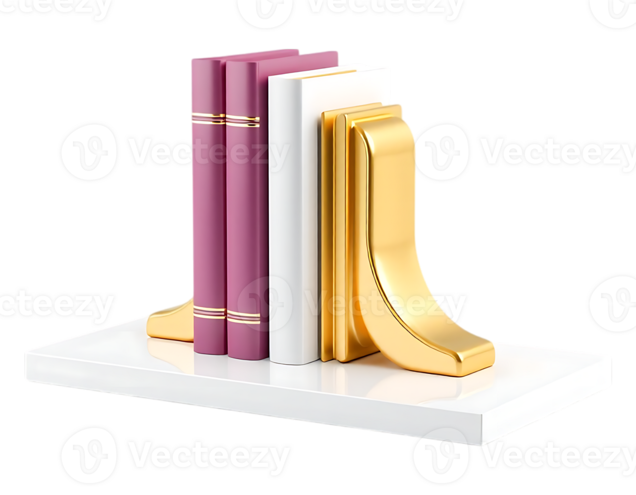 Books and Golden Bookends on a White Shelf png