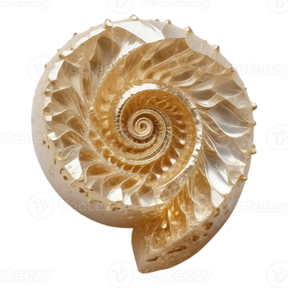 A gold and white shell with a spiral pattern png