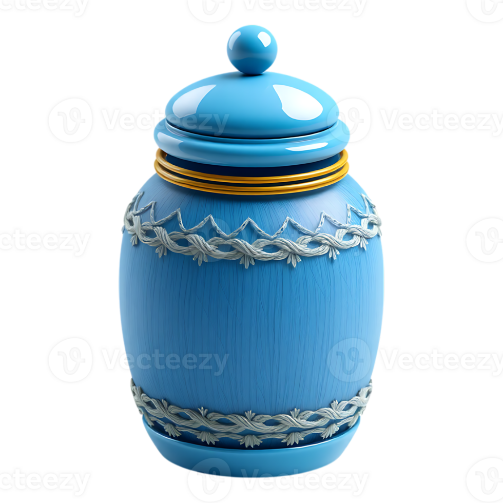 A blue ceramic urn with a lid png