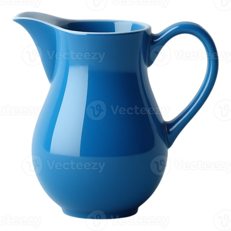 Blue ceramic pitcher with handle and spout, isolated on transparent background. png