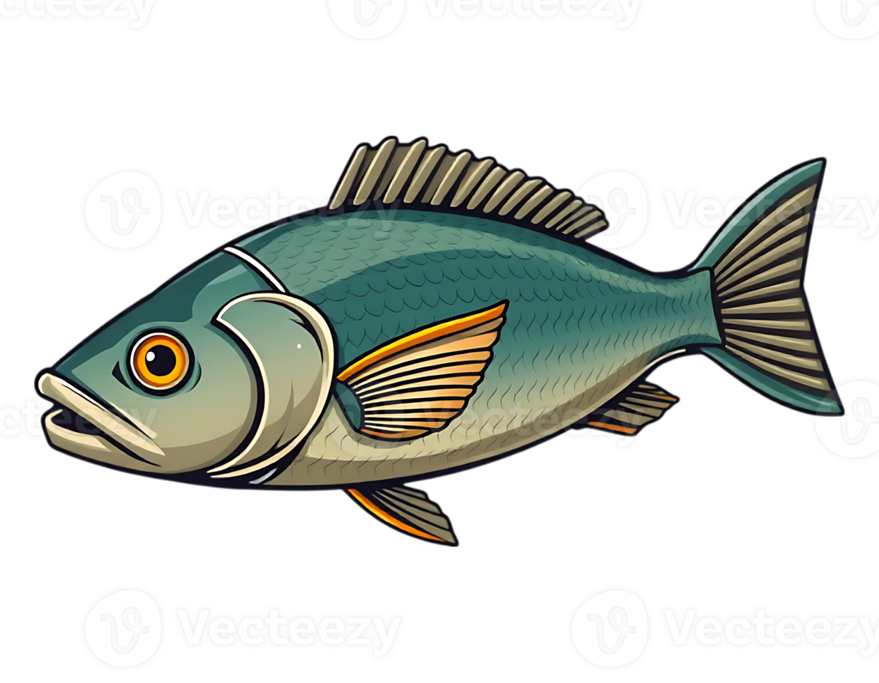 Detailed illustration of a teal and orange fish with scales and fins, isolated. png