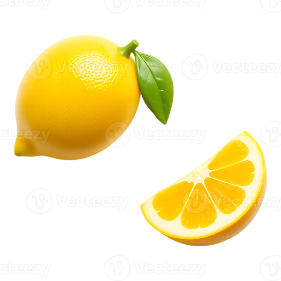 Fresh lemons with slices, isolated on transparent background png