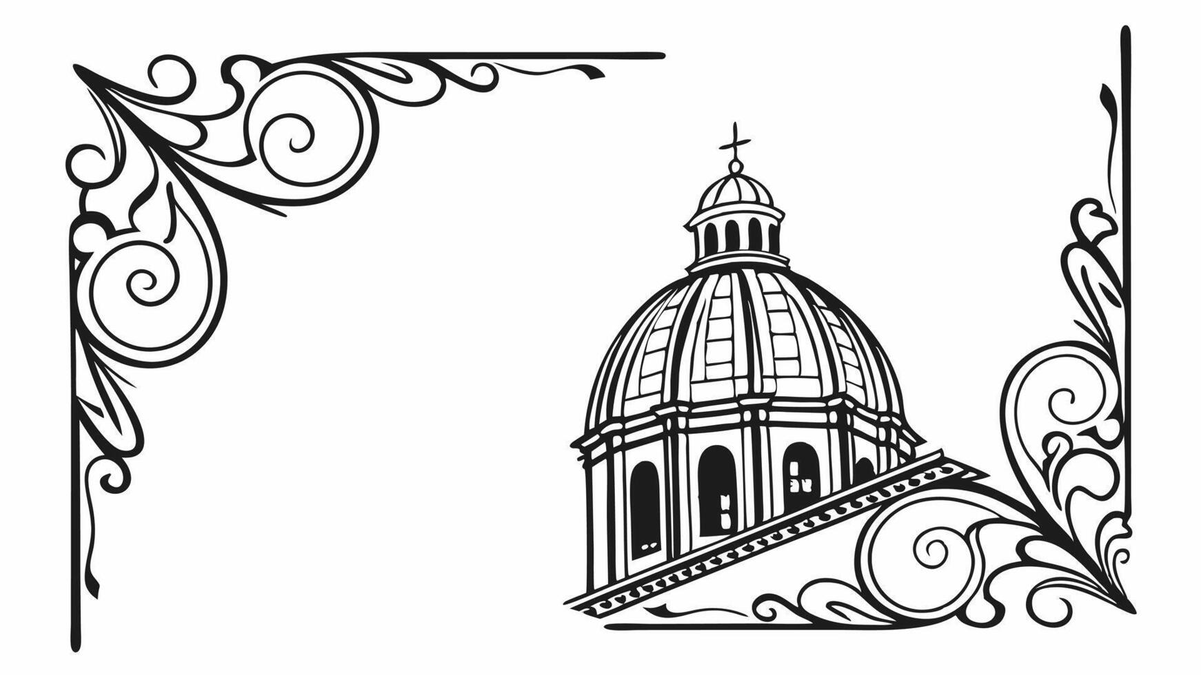 A black and white drawing of a dome with ornate scrollwork vector