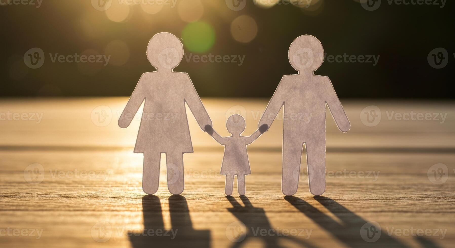 Paper Cutout Family Holding Hands in Sunlight, Representing Love, Togetherness, and Unity. photo