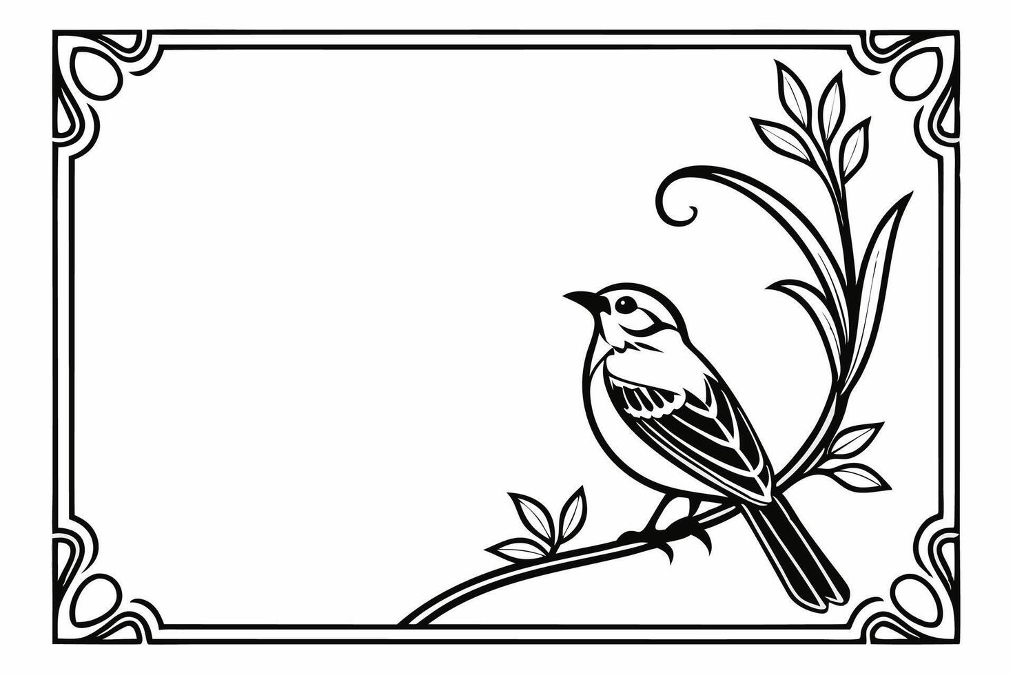Bird on a branch in a frame, black and white illustration vector