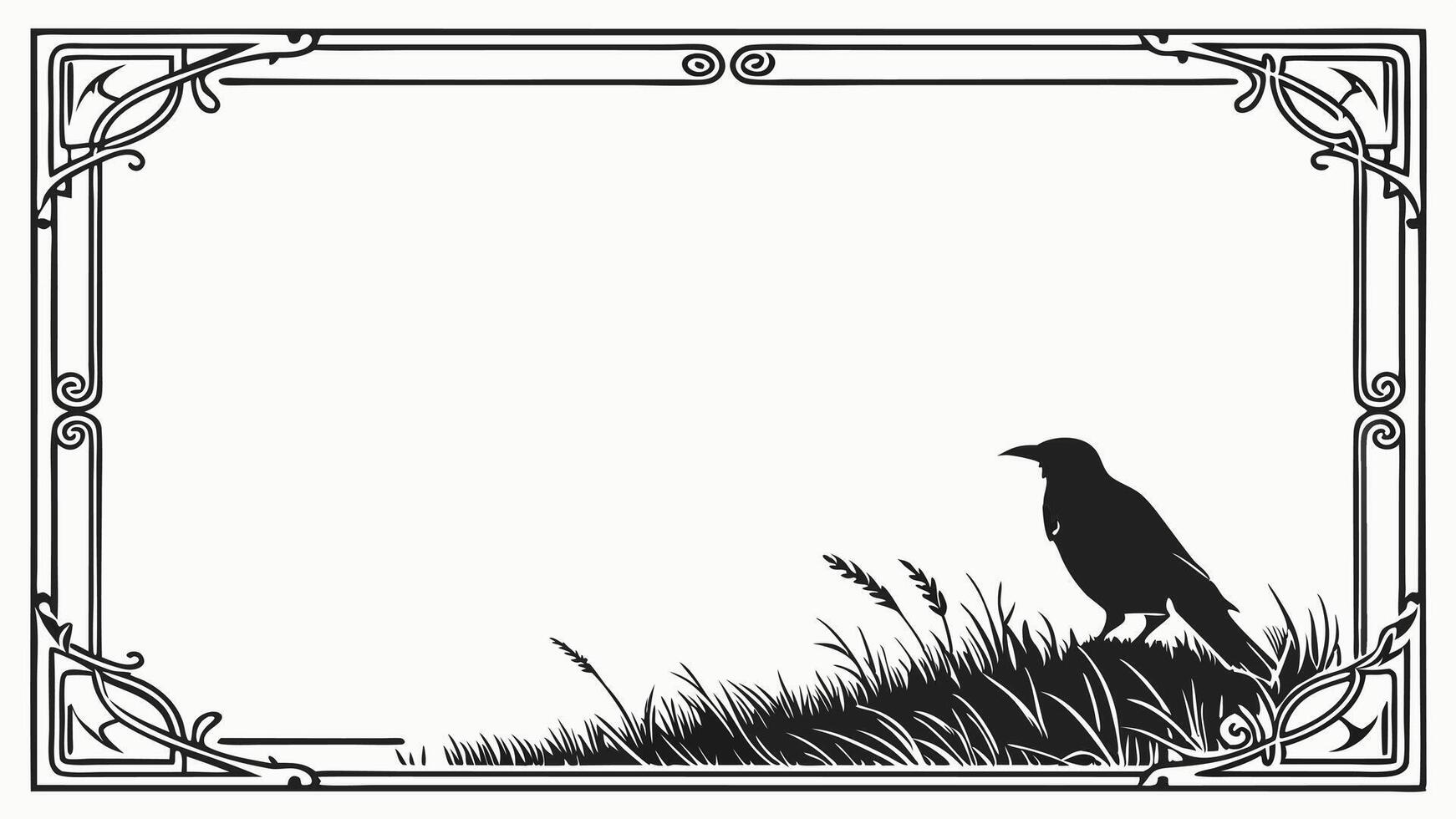 A black and white illustration of a crow sitting on a grassy hill vector