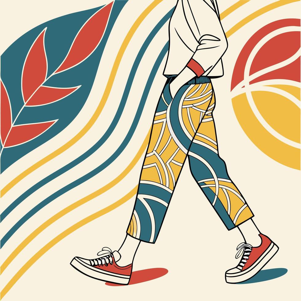 A poster with a woman walking with a colorful background vector