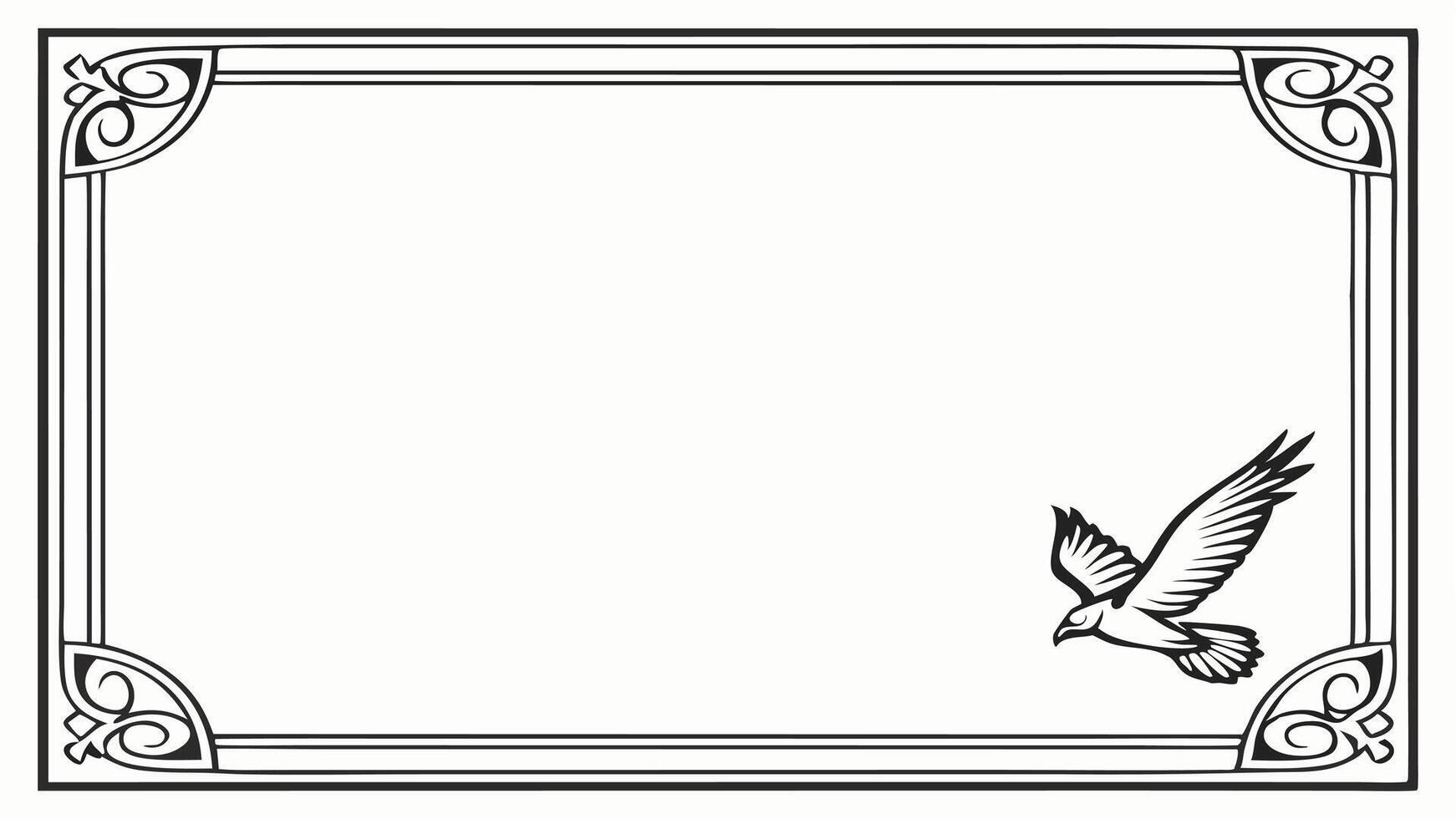 A black and white drawing of a bird flying over a frame vector